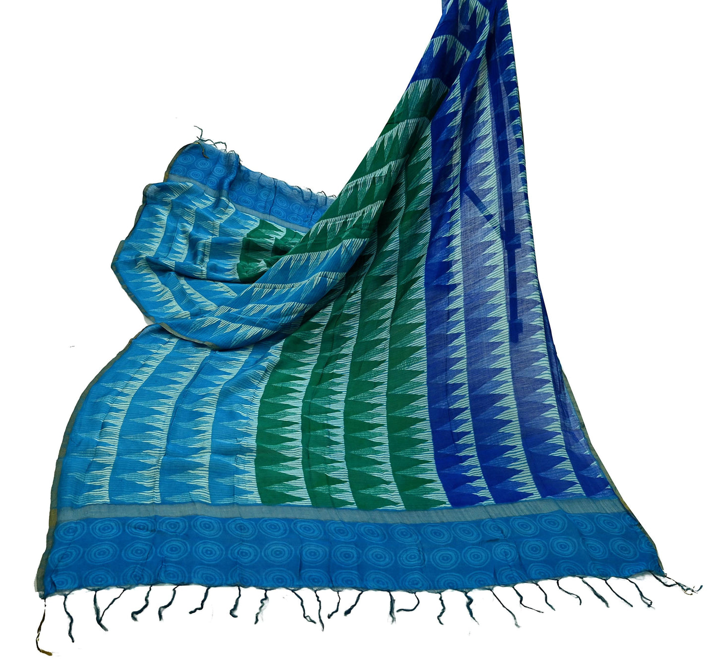 Indian Vintage Green & Blue Dupatta Long Stole Block Print Pure Chanderi Silk Indian Scarves Veil Golden Zari Floral Design For her