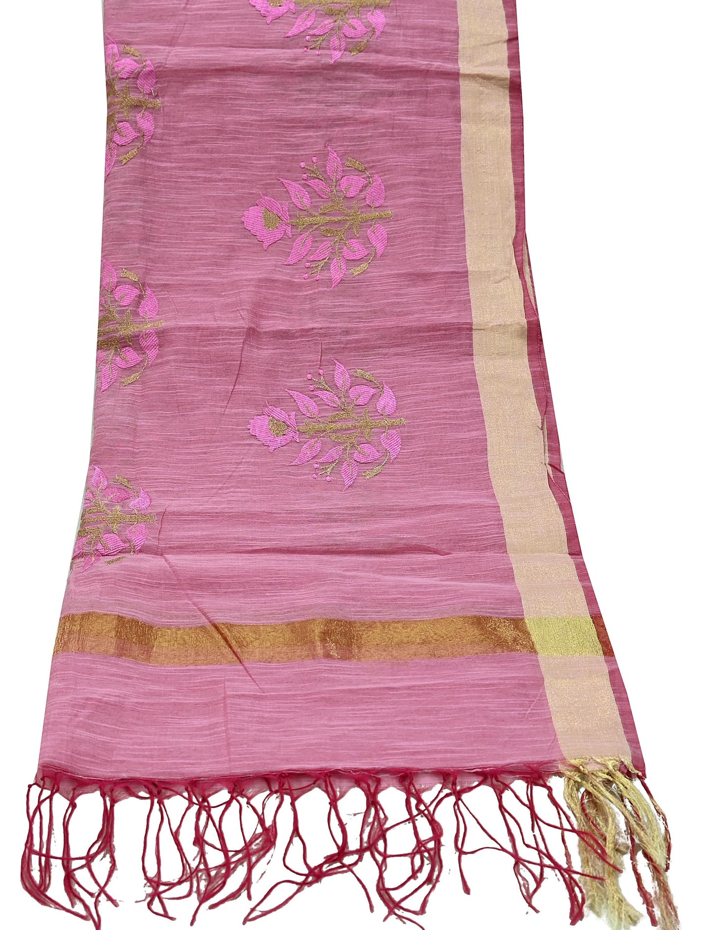 Indian Vintage Dupatta Pink Long Stole Hand Woven Chanderi Scarf Veil Soft Floral Zari Fringes