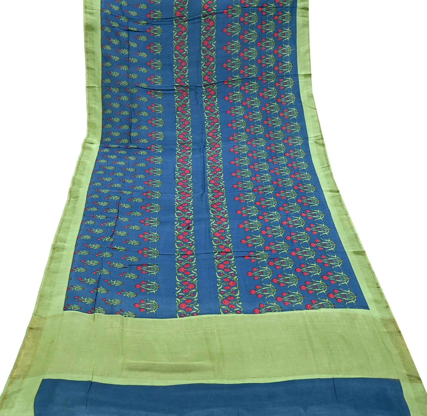 Indian Vintage Green & Blue Dupatta Long Stole Block Print Pure Chanderi Silk Indian Scarves Veil Golden Zari Floral Design For her