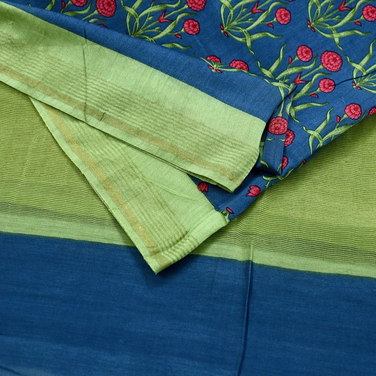Indian Vintage Green & Blue Dupatta Long Stole Block Print Pure Chanderi Silk Indian Scarves Veil Golden Zari Floral Design For her