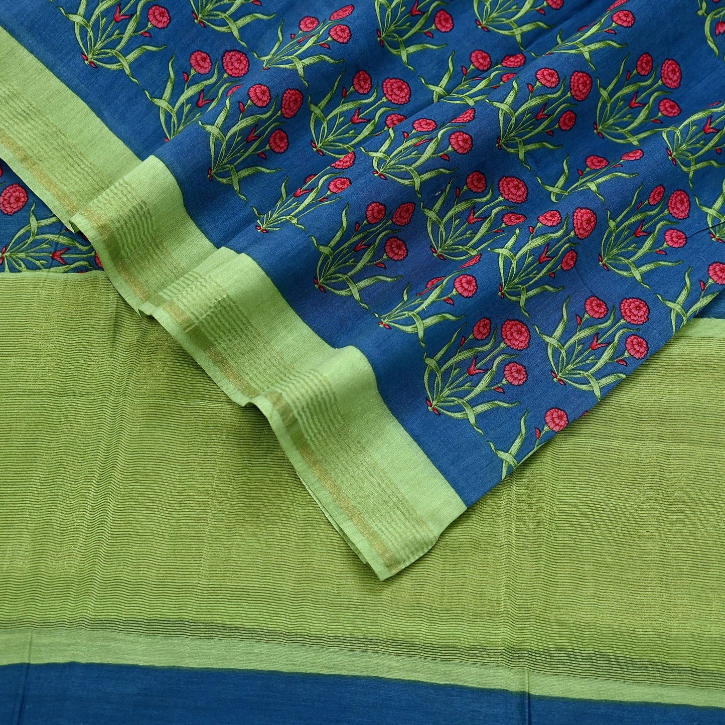 Indian Vintage Green & Blue Dupatta Long Stole Block Print Pure Chanderi Silk Indian Scarves Veil Golden Zari Floral Design For her