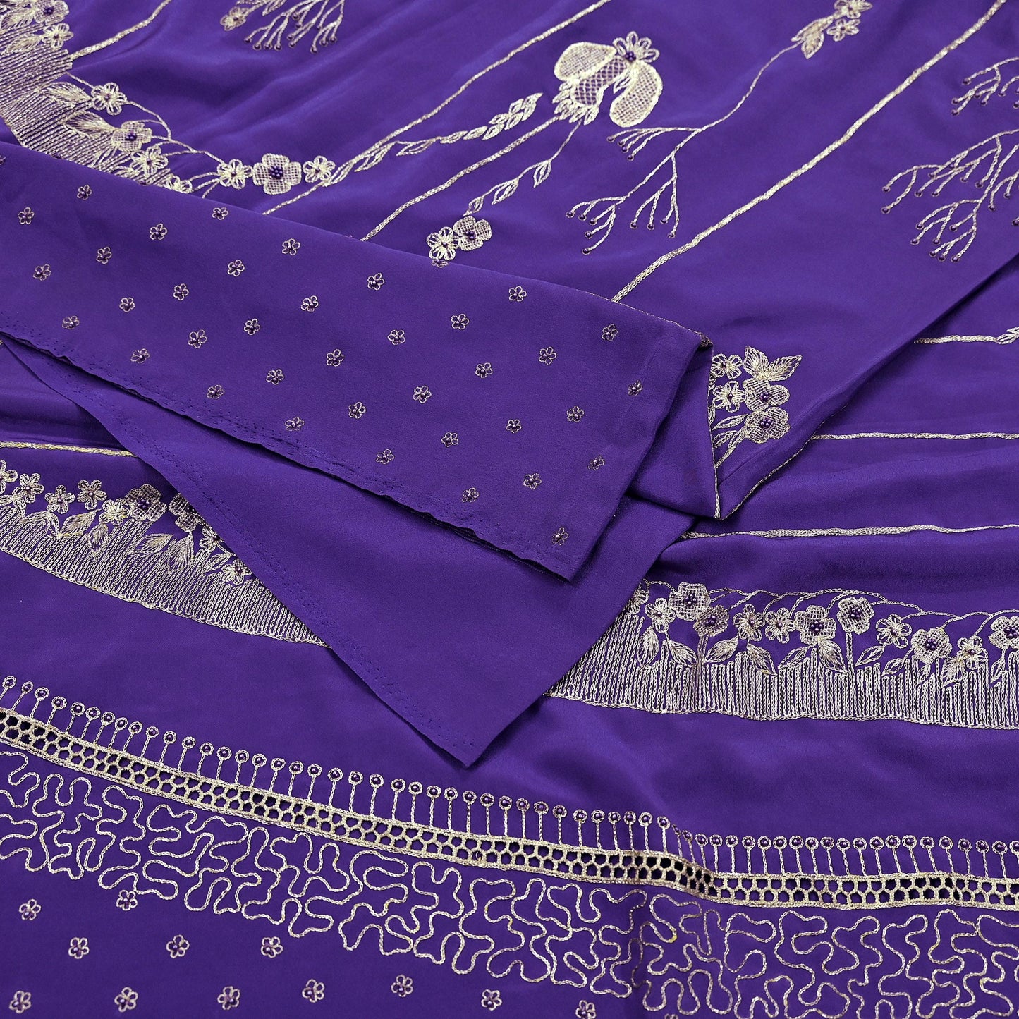 Indian Vintage Heavy Sarees Purple Pure Crepe Silk Hand Embroidered Sari Craft Fabric 5Yd Sewing Zardozi/Dabka Dress making