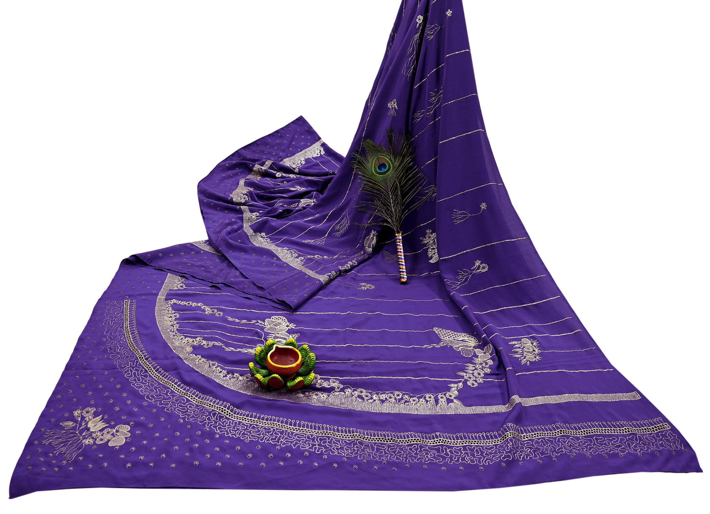 Indian Vintage Heavy Sarees Purple Pure Crepe Silk Hand Embroidered Sari Craft Fabric 5Yd Sewing Zardozi/Dabka Dress making
