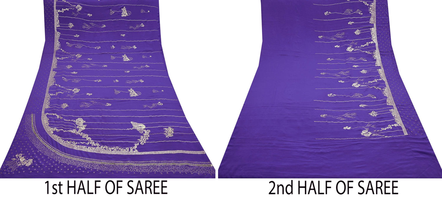 Indian Vintage Heavy Sarees Purple Pure Crepe Silk Hand Embroidered Sari Craft Fabric 5Yd Sewing Zardozi/Dabka Dress making