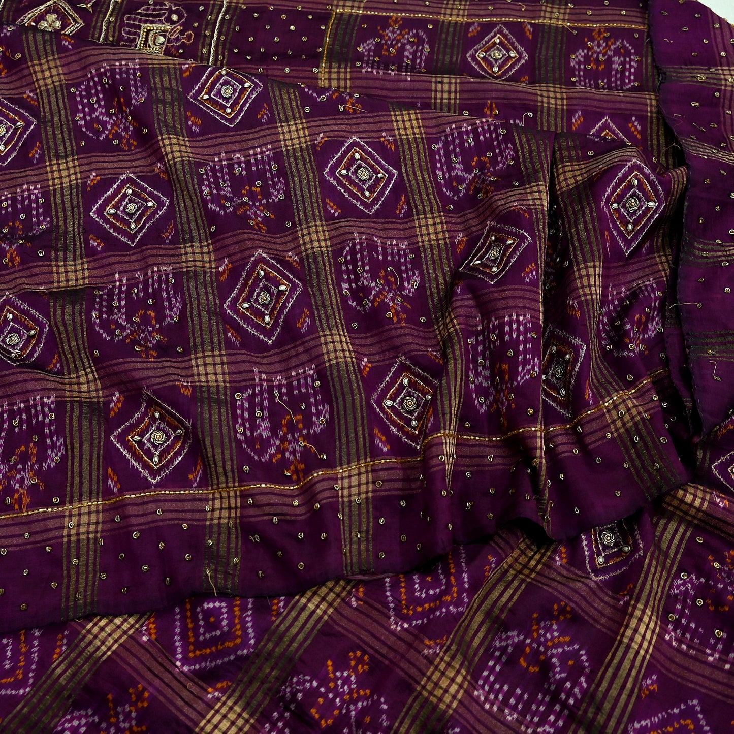 Indian Vintage Heavy Sari Purple Pure Silk Hand Embroidered Ikat Saree 5Yd Craft Fabric Ethnic Zardozi Zari Wedding Sarees Dress making