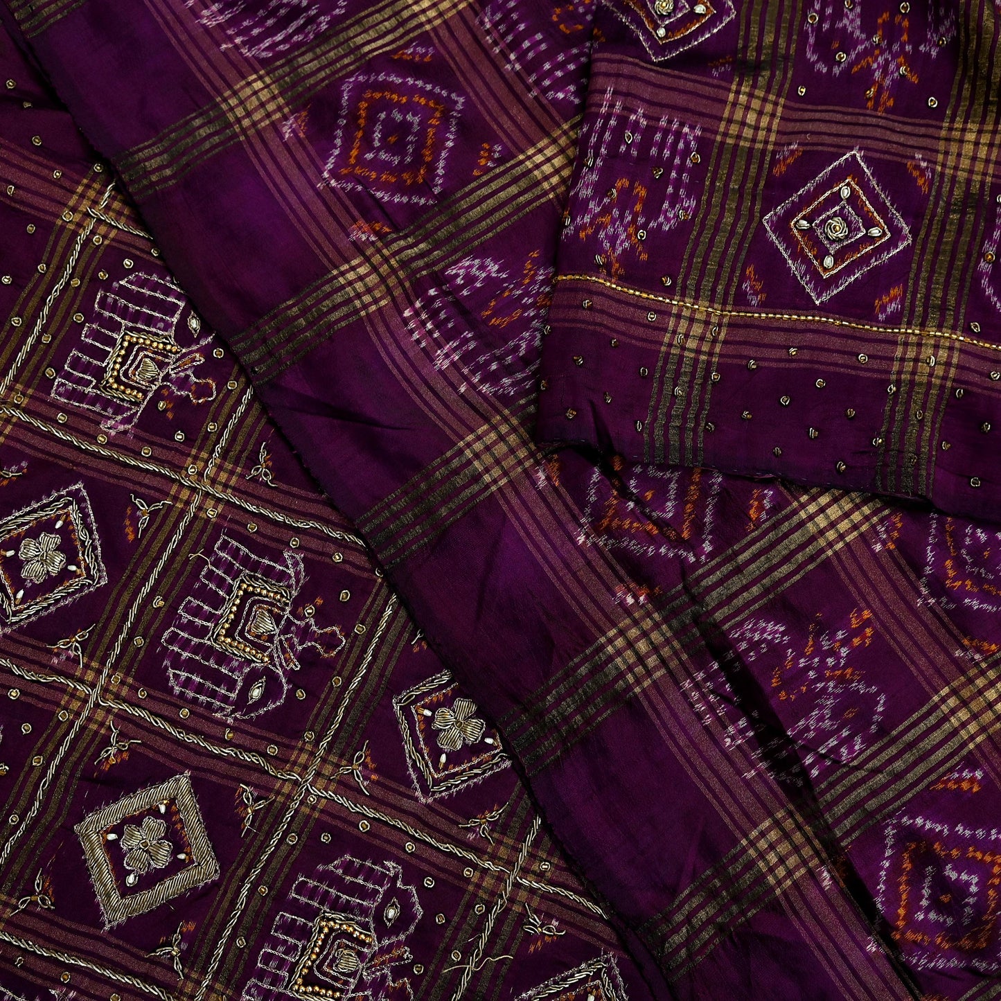 Indian Vintage Heavy Sari Purple Pure Silk Hand Embroidered Ikat Saree 5Yd Craft Fabric Ethnic Zardozi Zari Wedding Sarees Dress making