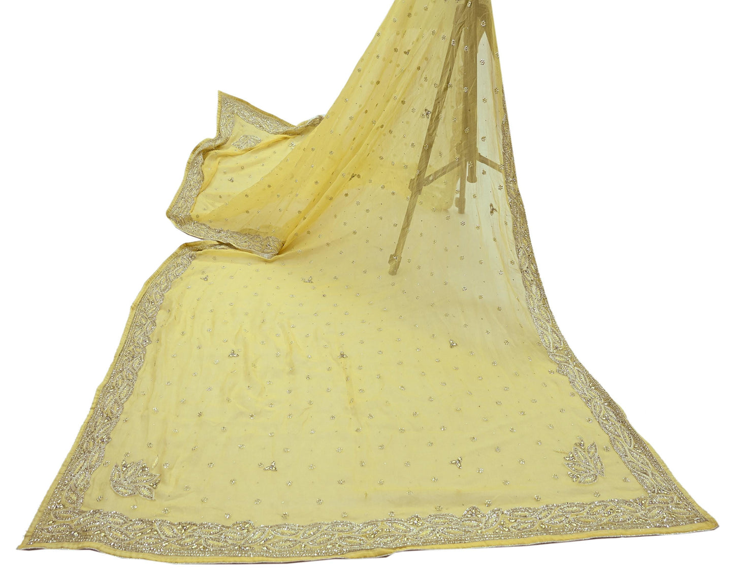 Indian Women Vintage Yellow Dupatta Pure Chiffon silk Long Stole Hand Embroidered Hijab Scarves Veil Wrap soft Zari