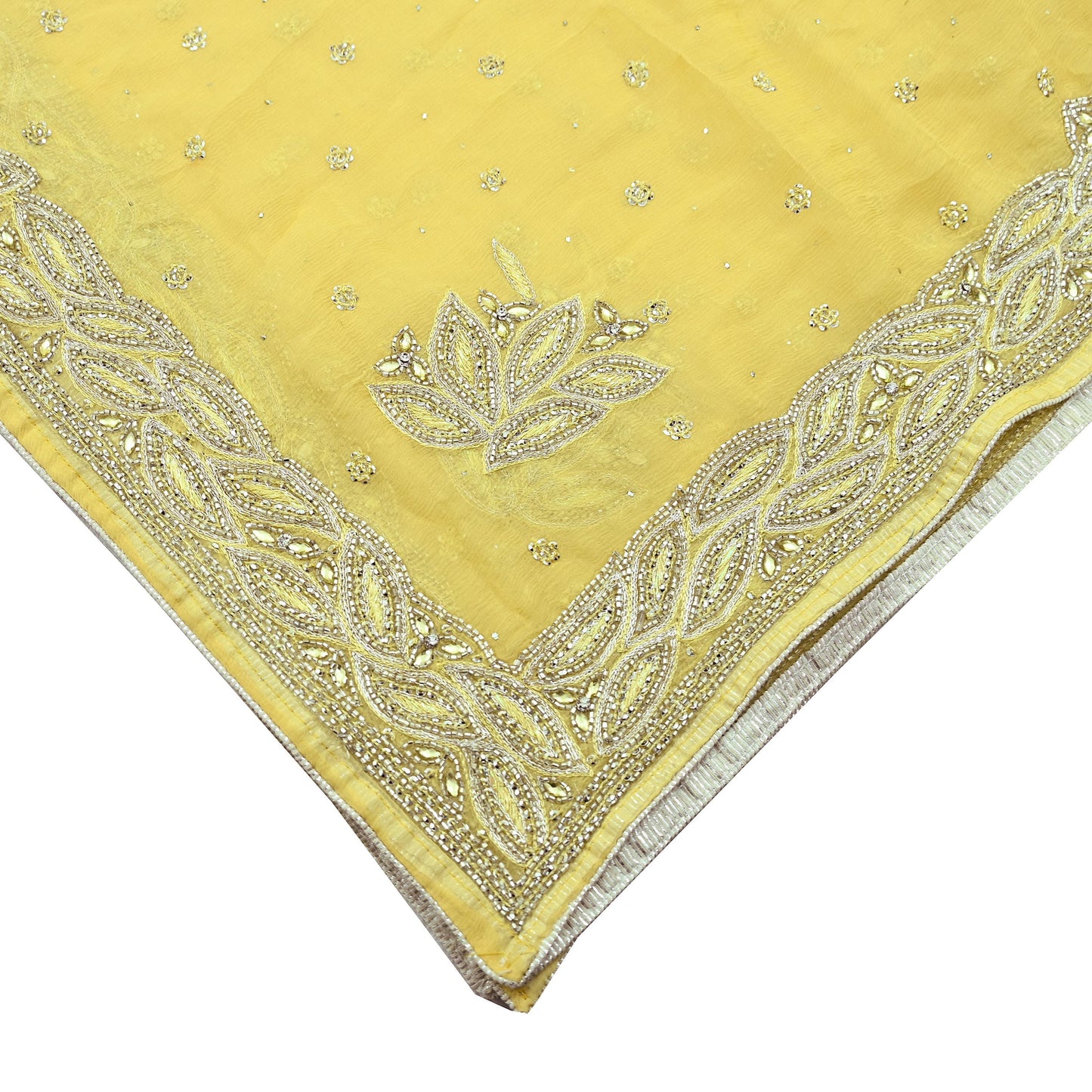 Indian Women Vintage Yellow Dupatta Pure Chiffon silk Long Stole Hand Embroidered Hijab Scarves Veil Wrap soft Zari