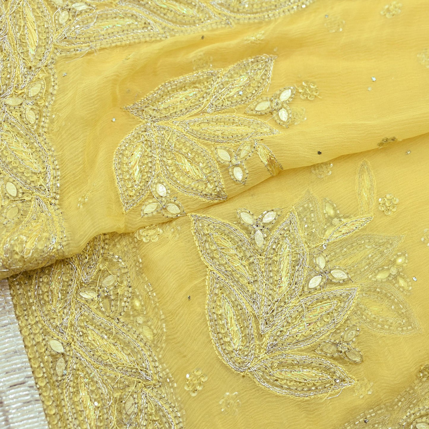 Indian Women Vintage Yellow Dupatta Pure Chiffon silk Long Stole Hand Embroidered Hijab Scarves Veil Wrap soft Zari