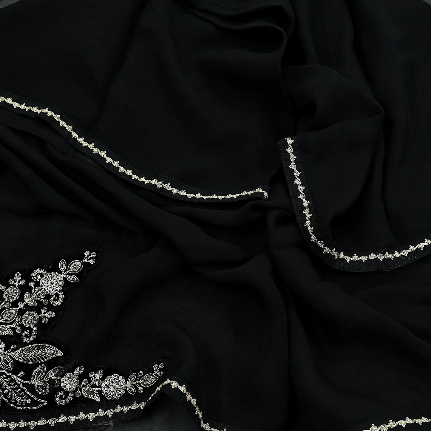 Indian Vintage Dupatta Black Long Stole Pure Organza Silk Hand Embroidered Scarves Veil Zari Sequins