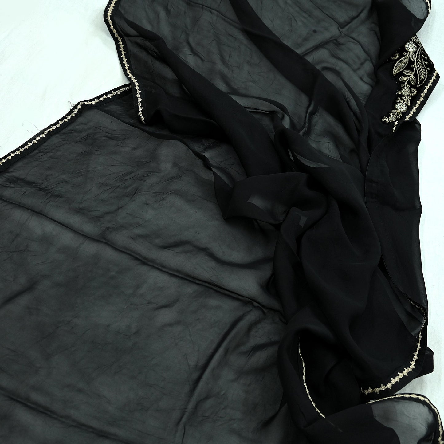 Indian Vintage Dupatta Black Long Stole Pure Organza Silk Hand Embroidered Scarves Veil Zari Sequins