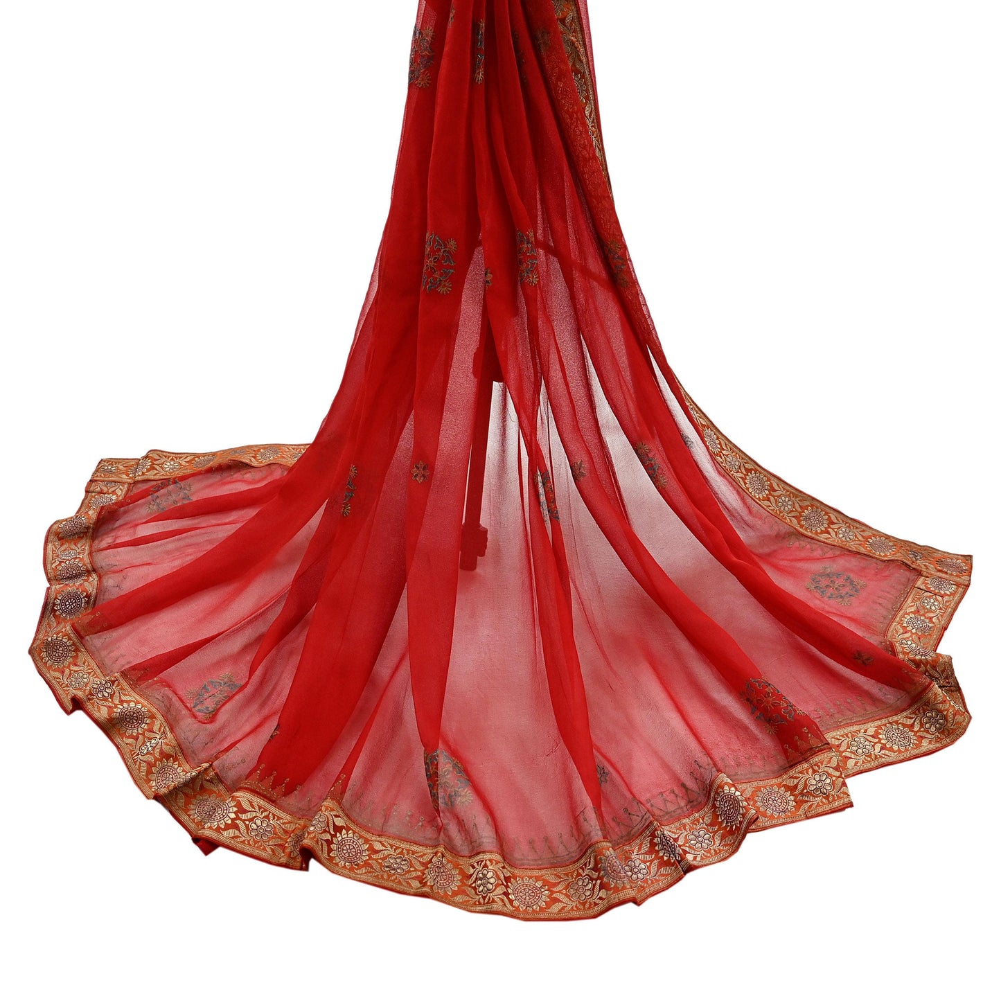 Indian Vintage Dupatta Red Pure Georgette silk Long Stole Hand Woven Scarves Stole Veil Wrap Brocade Border