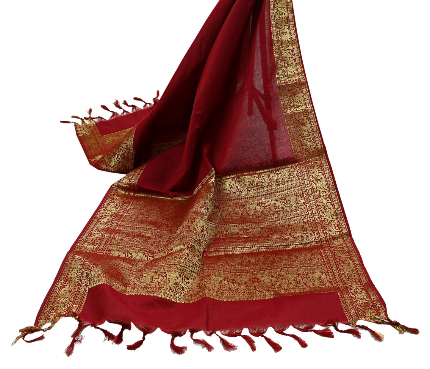 Indian Vintage Dupatta Maroon Long Stole Cotton Brocade Golden Woven Work Scarves Veil Fringes Hijab