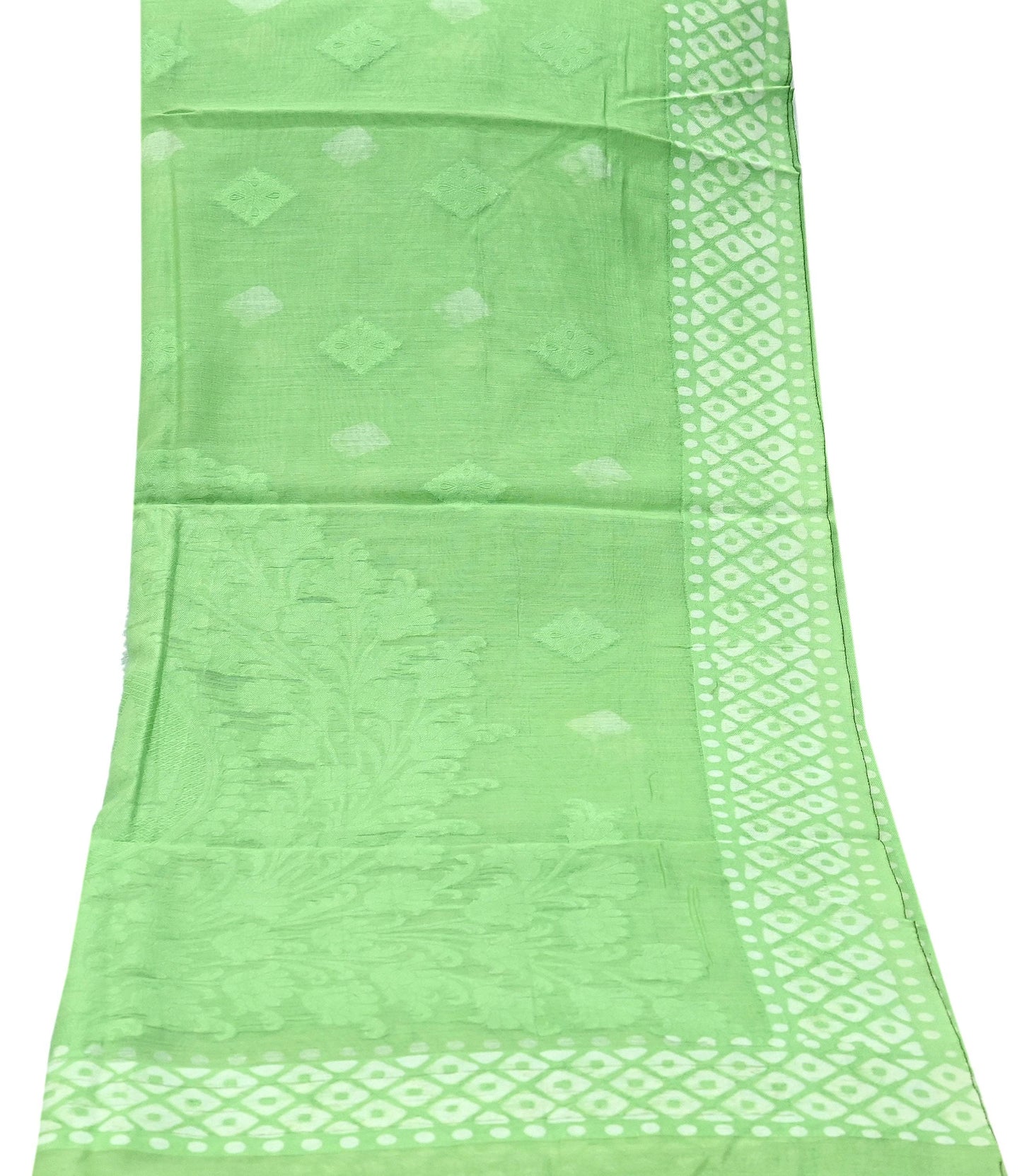 Indian Vintage Dupatta Green Long Stole Printed Woven Pure Silk Scarves Veil Soft Fringes