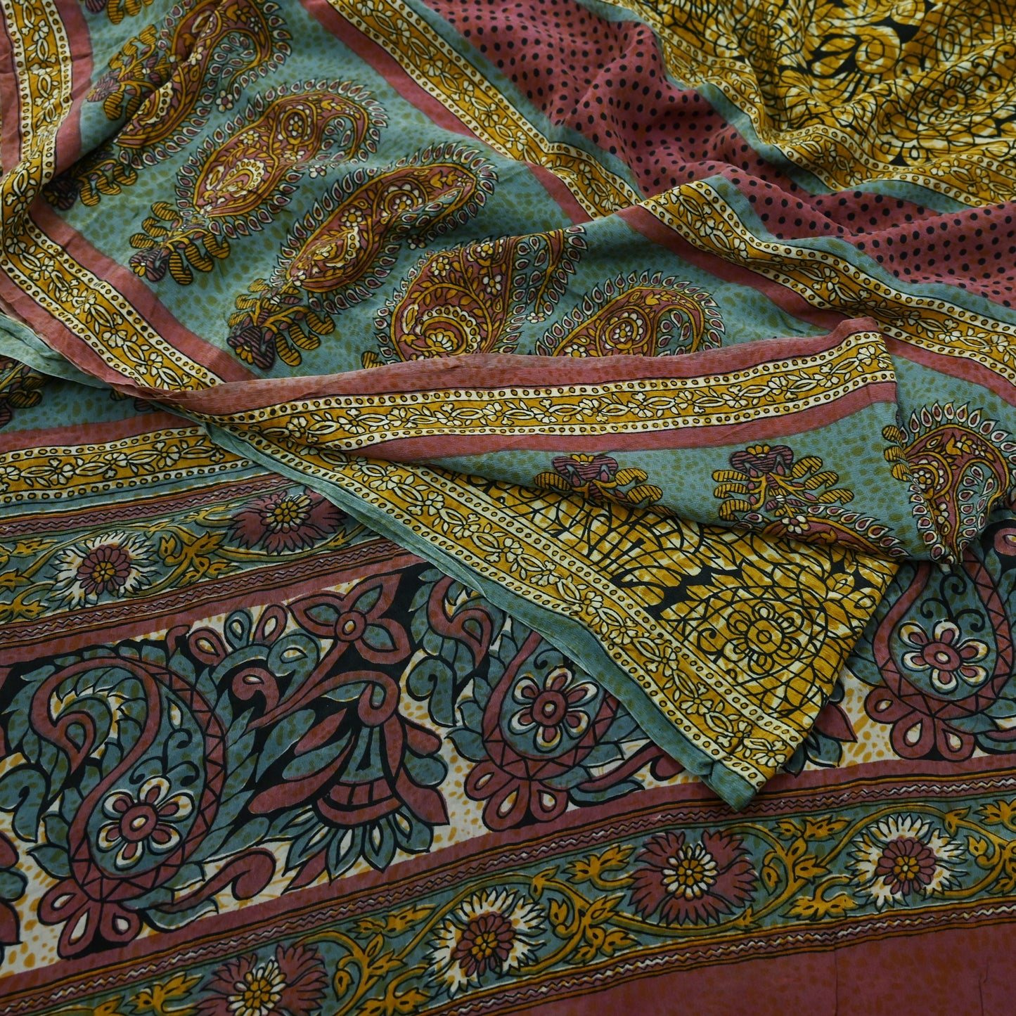 Indian Vintage Sari Mustard & Black Pure Crepe Silk Printed Sarees 5yd Sewing Soft Craft Fabric Floral Wrap Quilting Dress Making Crafting