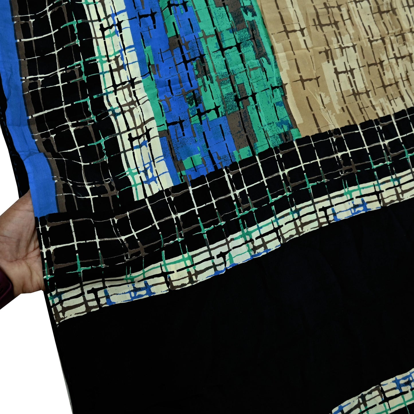 Indian Vintage Beige & Black Saree Pure Crepe Silk Printed Sari Craft Fabric 5yd Sewing Abstract Soft Wrap Dress making Crafting Quilting