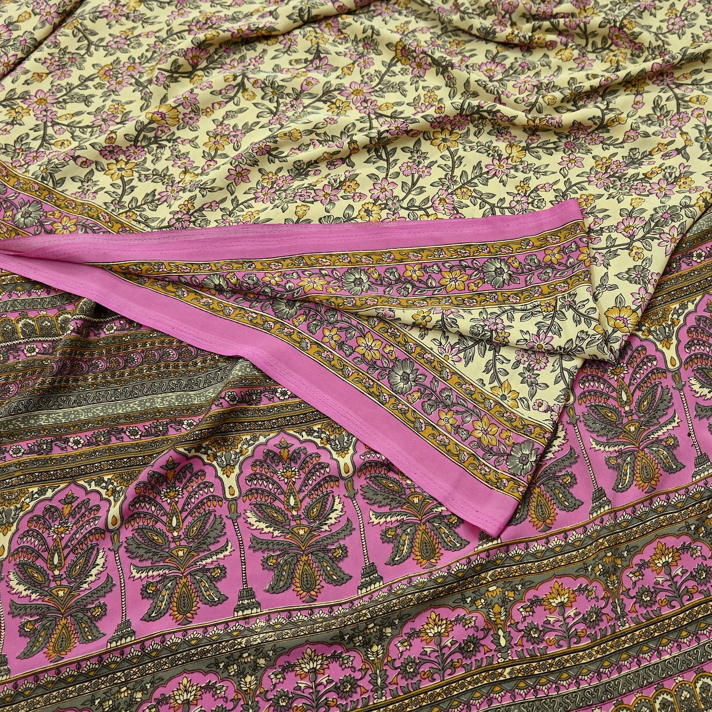 Indian Vintage Sari Ivory & Pink Moss Crepe Printed Sarees 5yd Craft Fabric Sewing Floral Soft Dress making Quilting Crafting Upcycle Used
