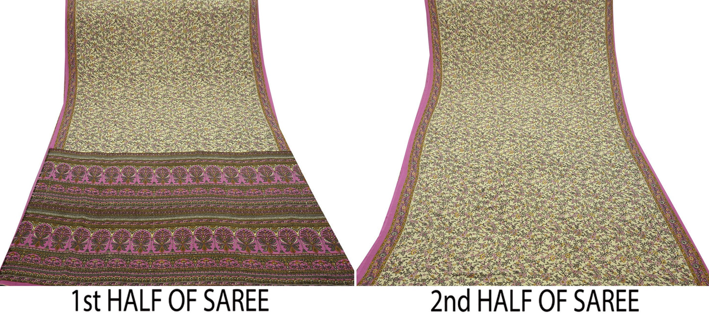Indian Vintage Sari Ivory & Pink Moss Crepe Printed Sarees 5yd Craft Fabric Sewing Floral Soft Dress making Quilting Crafting Upcycle Used