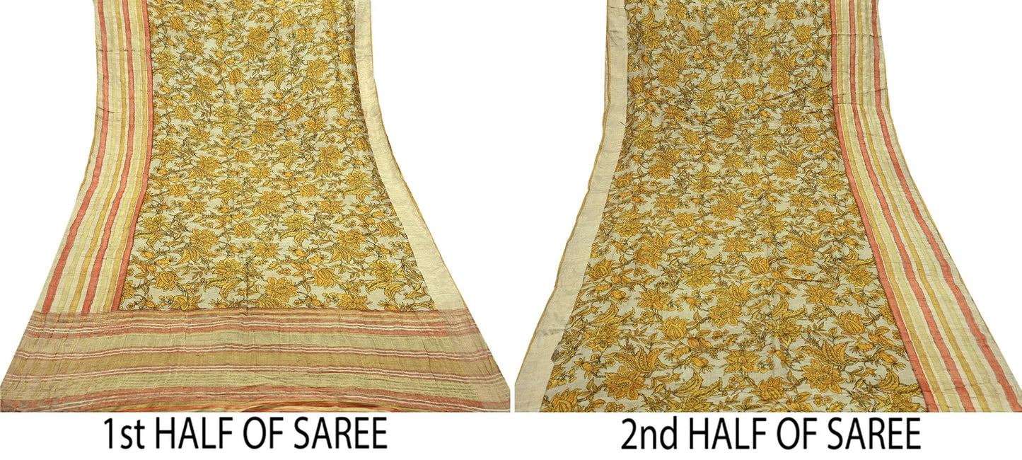 Indian Vintage Beige Saree Pure Khadi Silk Handloom Woven Zari Sari Craft Fabric 5yd Ethnic Wear Border Dress making Upcycle Fringes