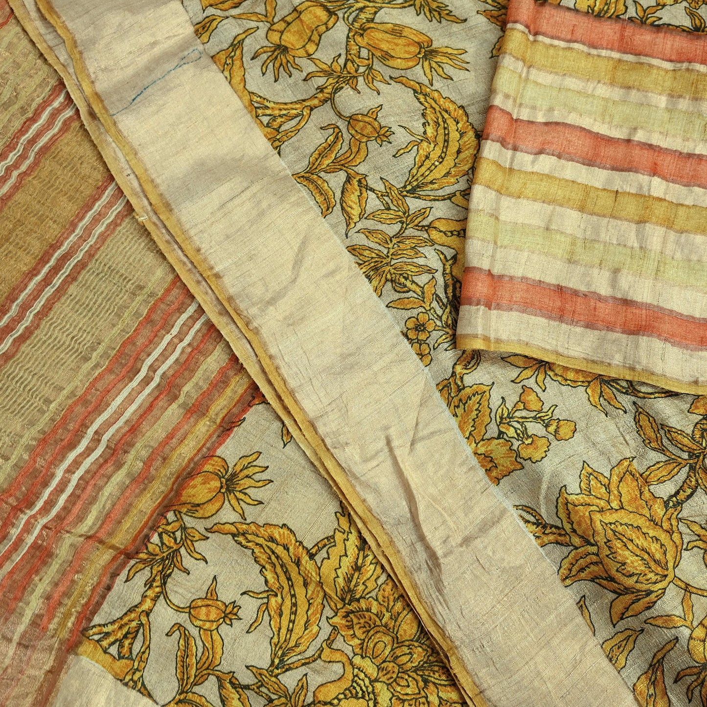 Indian Vintage Beige Saree Pure Khadi Silk Handloom Woven Zari Sari Craft Fabric 5yd Ethnic Wear Border Dress making Upcycle Fringes