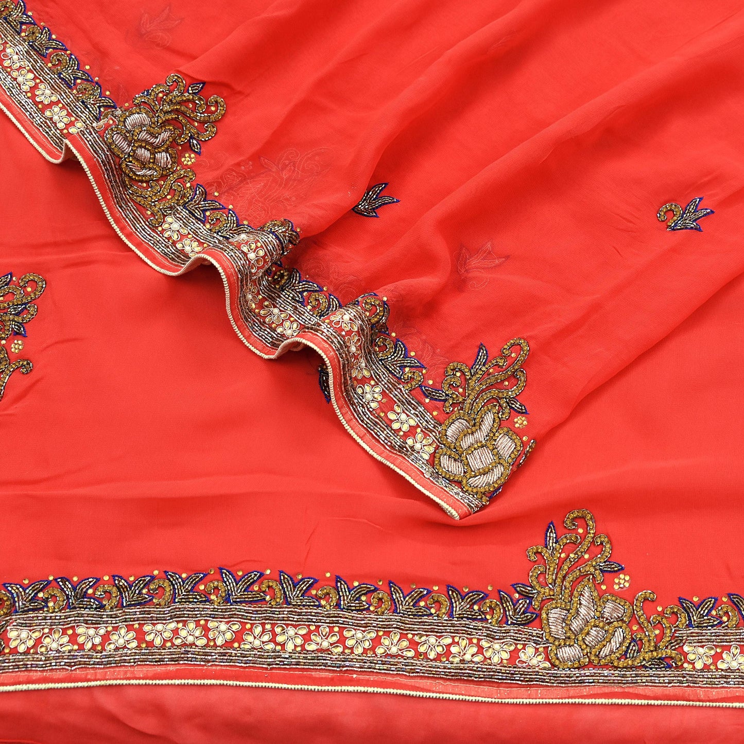 Indian Vintage Heavy Orange Saree Blend Georgette Hand Embroidered Sari Craft Fabric 6Yd Sewing Soft Ethnic Zari Dress Making wedding Sari