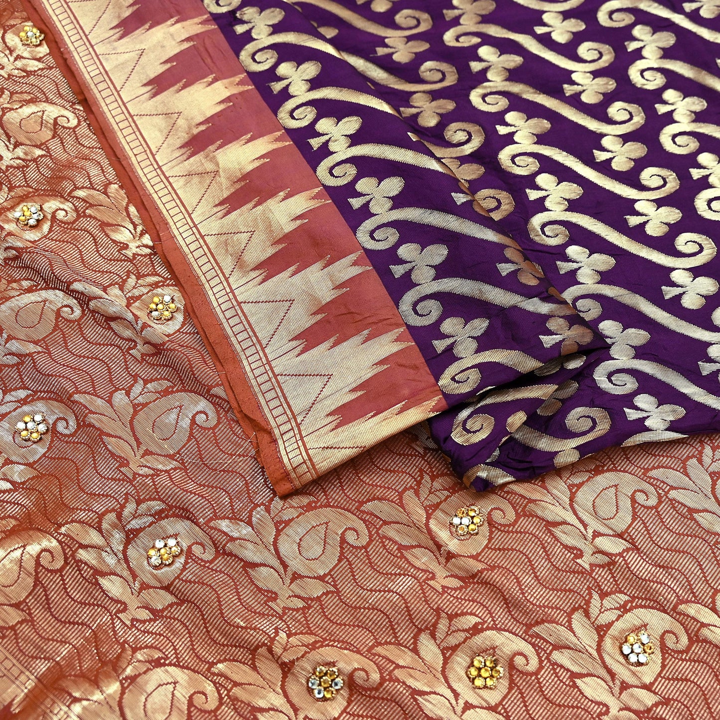 Indian Vintage Saree Purple & Brown Hand Woven Pure Silk Sari Craft Fabric 5Yd Ethnic Floral Golden Zari Dress making For Crafting Quilting