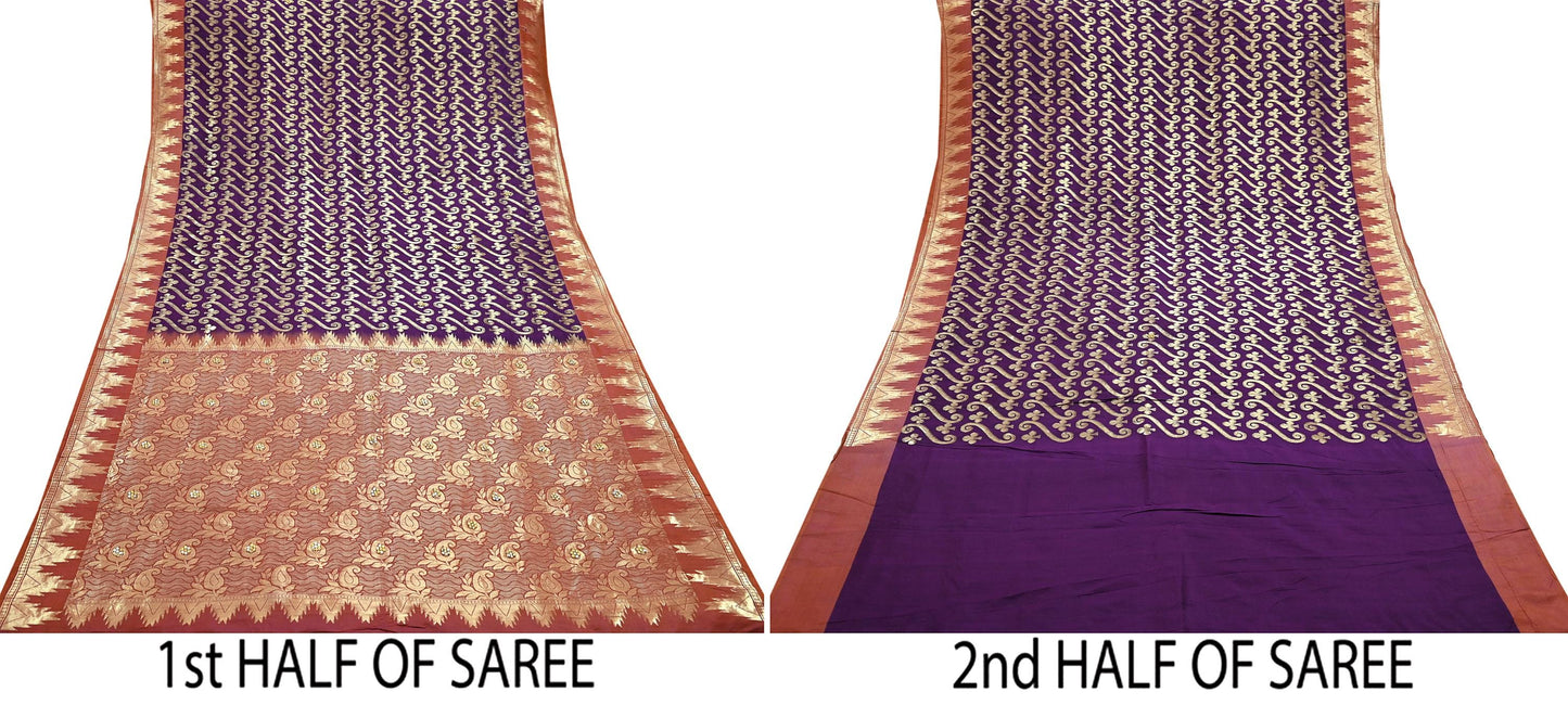 Indian Vintage Saree Purple & Brown Hand Woven Pure Silk Sari Craft Fabric 5Yd Ethnic Floral Golden Zari Dress making For Crafting Quilting