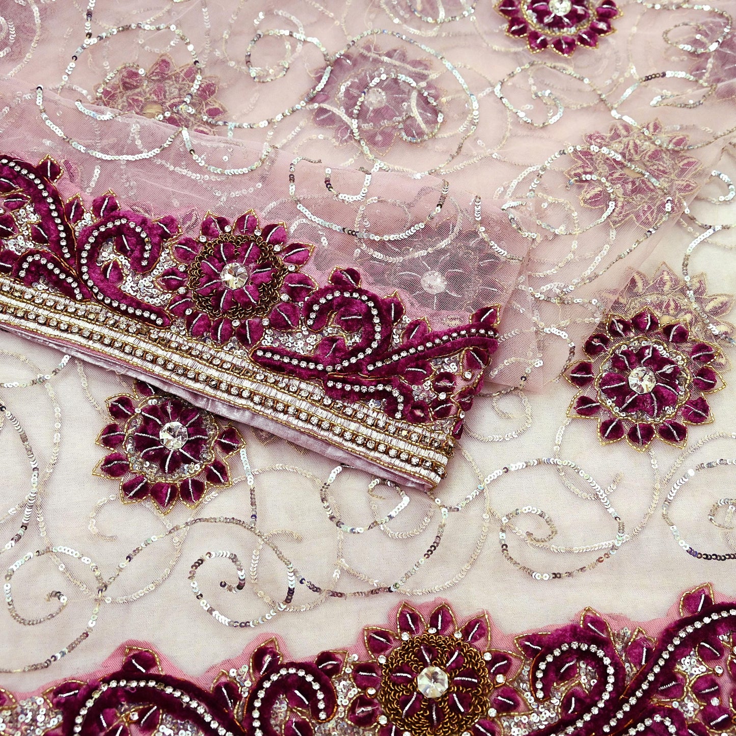 Indian Vintage Heavy Bridal Pink Dupatta Net Mesh Long Stole Hand Embroidered Scarves Silver Zardozi Dabka Zari Sequins Wedding veil