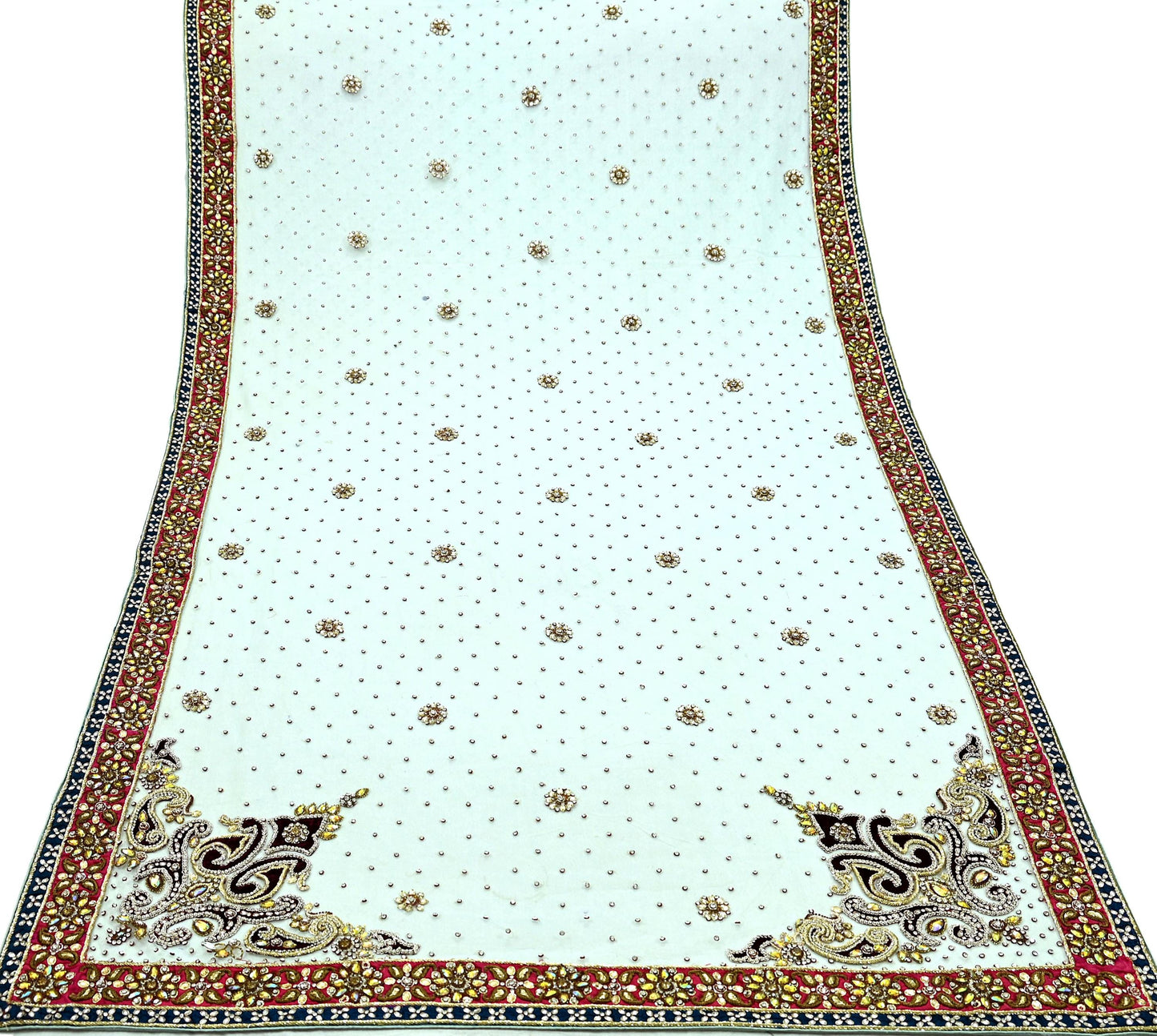 Indian Vintage Heavy Wedding Blue Dupatta Net Mesh Long Stole Hand Embroidered Scarves Zardozi Dabka Zari Bridal Wear