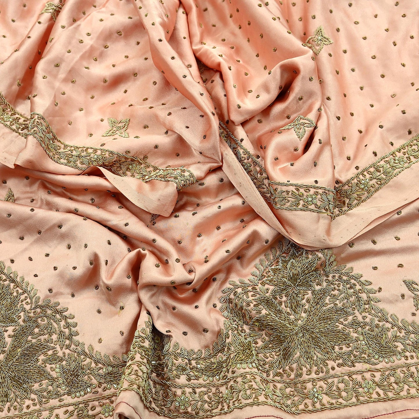 Indian Vintage Heavy Wedding Peach Dupatta Pure Satin Silk Long Stole Hand Embroidered Scarves Golden Zardozi Stole