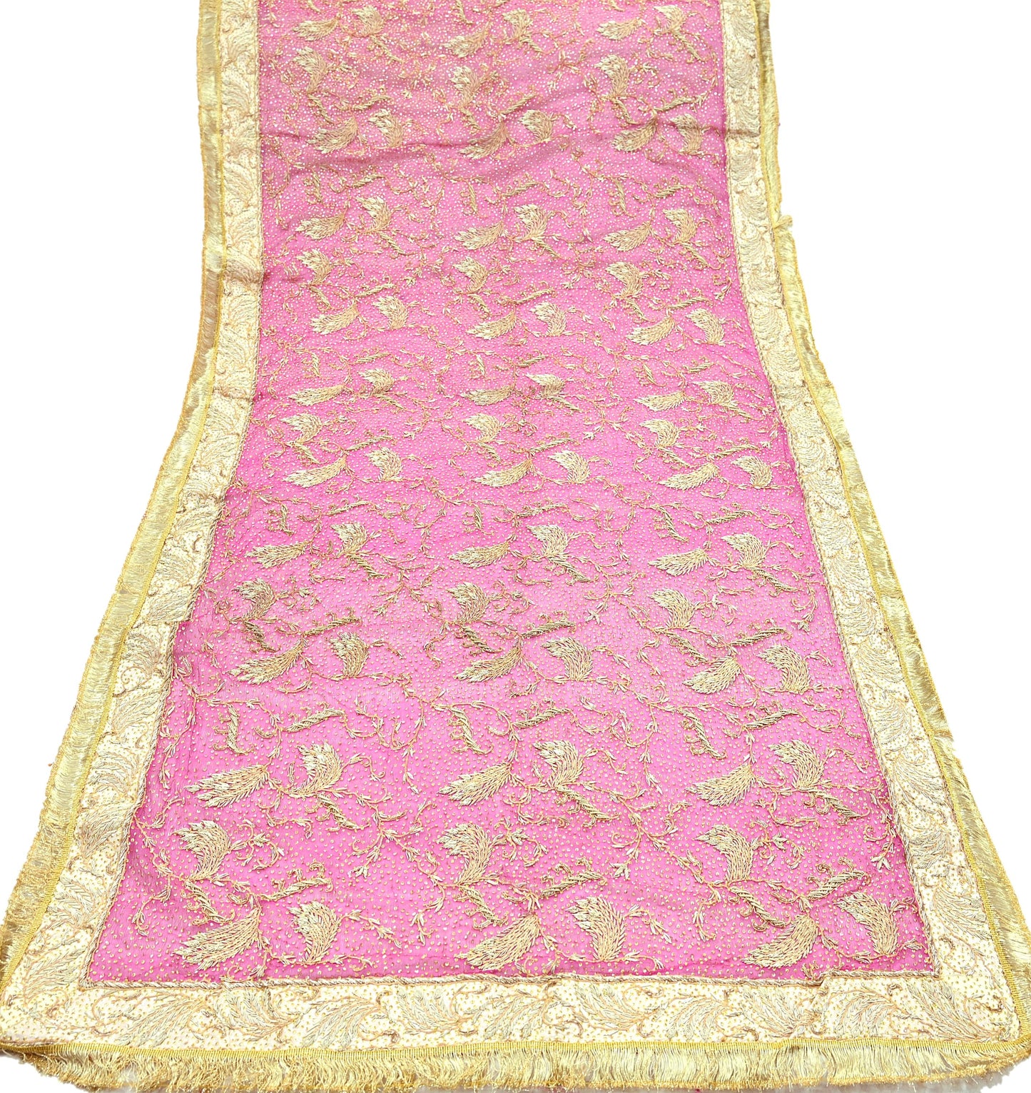 Indian Vintage Heavy Bridal Dupatta Pink Pure Chiffon Silk Long Stole Hand Embroidered Hijab Scarf Zardozi/Dabka Zari 1980s Wedding Dupatta