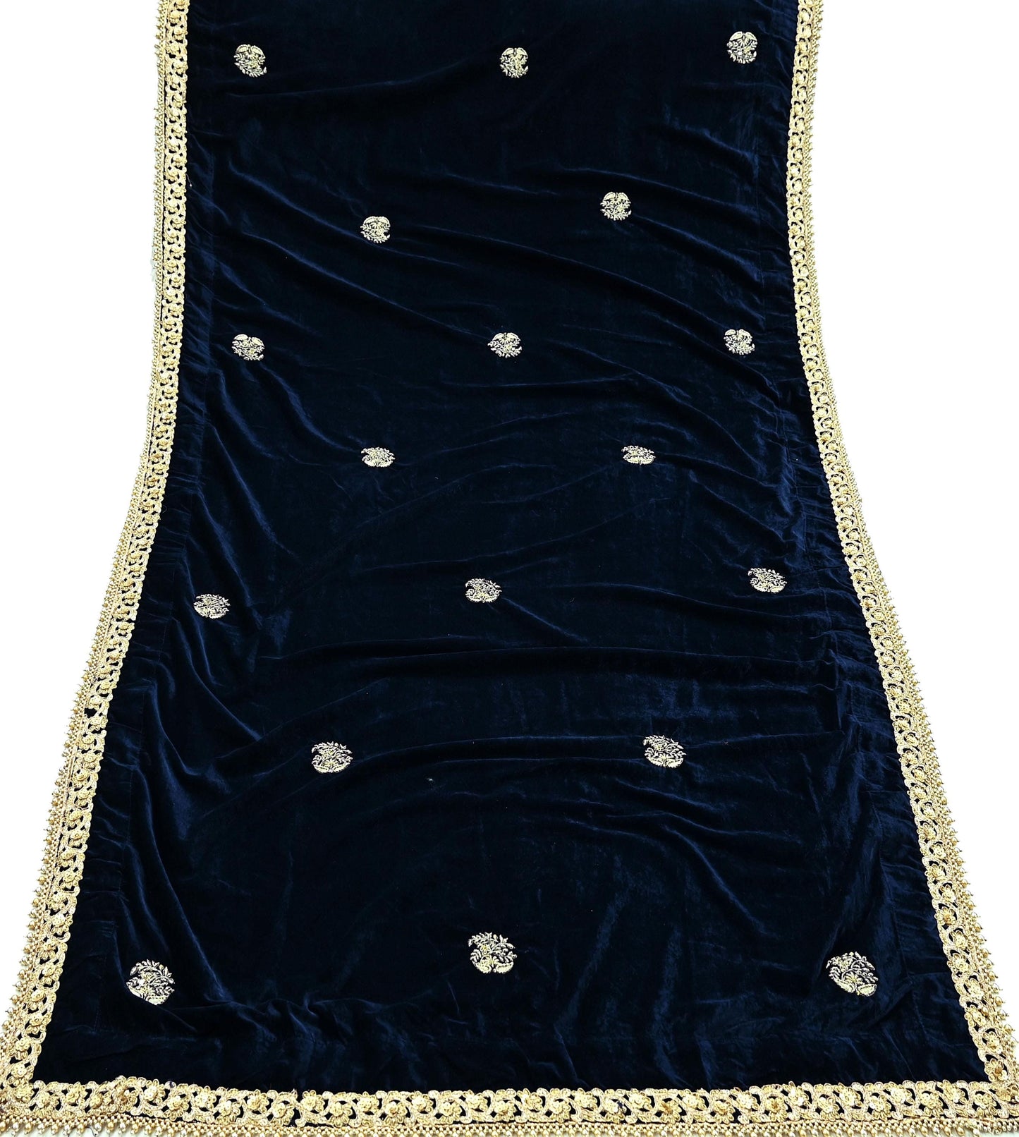 Indian Vintage Heavy Wedding Blue Dupatta Velvet Long Stole Hand Embroidered Scarves Zari Hijab Veil Wrap Bridal Dupatta Paisley
