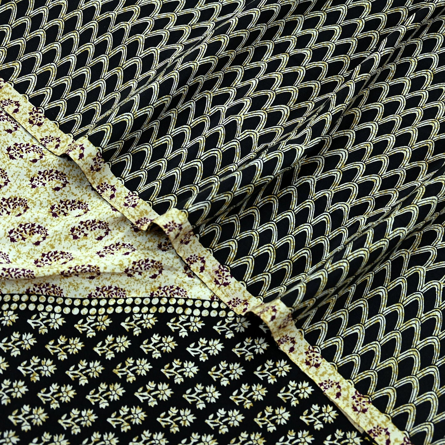 Indian Vintage Sari Ivory & Black Pure Crepe Silk Printed Saree 5yd Sewing Floral Soft Craft Fabric Wrap Dress Making Crafting Quilting
