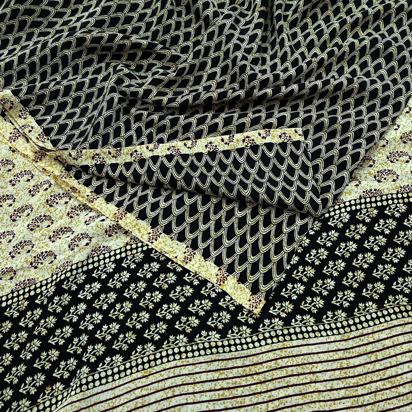 Indian Vintage Sari Ivory & Black Pure Crepe Silk Printed Saree 5yd Sewing Floral Soft Craft Fabric Wrap Dress Making Crafting Quilting