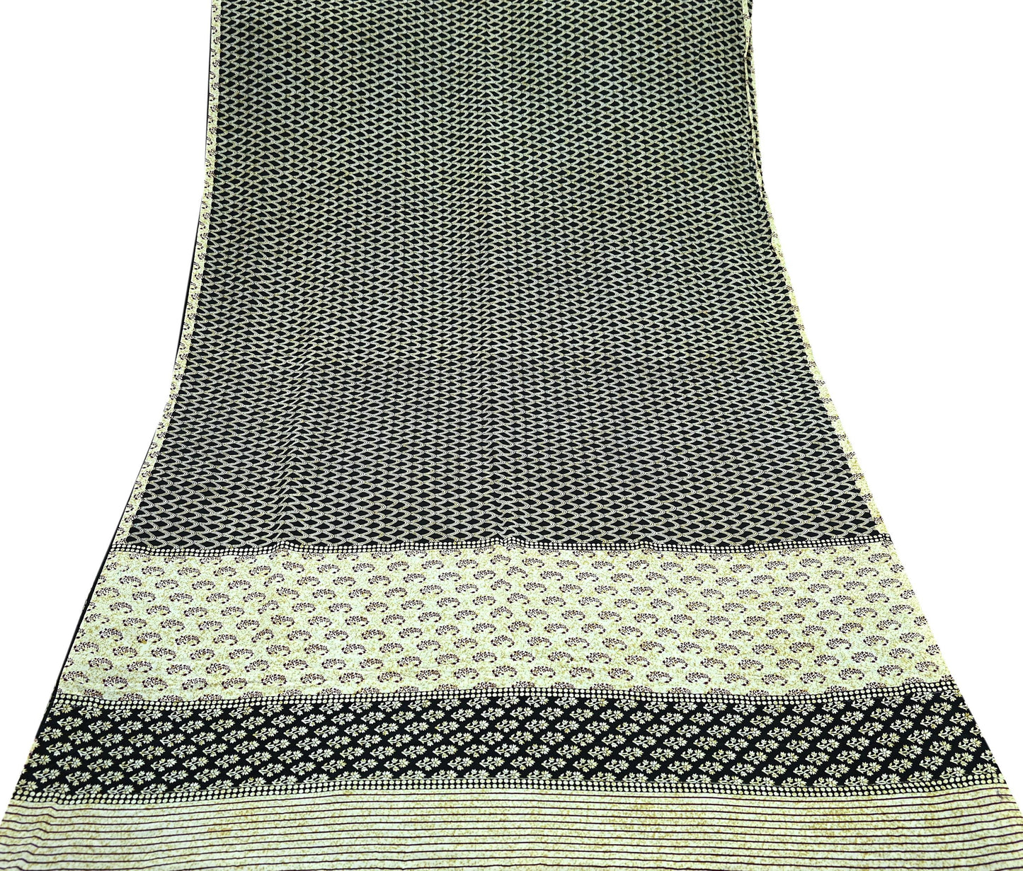 Indian Vintage Sari Ivory & Black Pure Crepe Silk Printed Saree 5yd Sewing Floral Soft Craft Fabric Wrap Dress Making Crafting Quilting