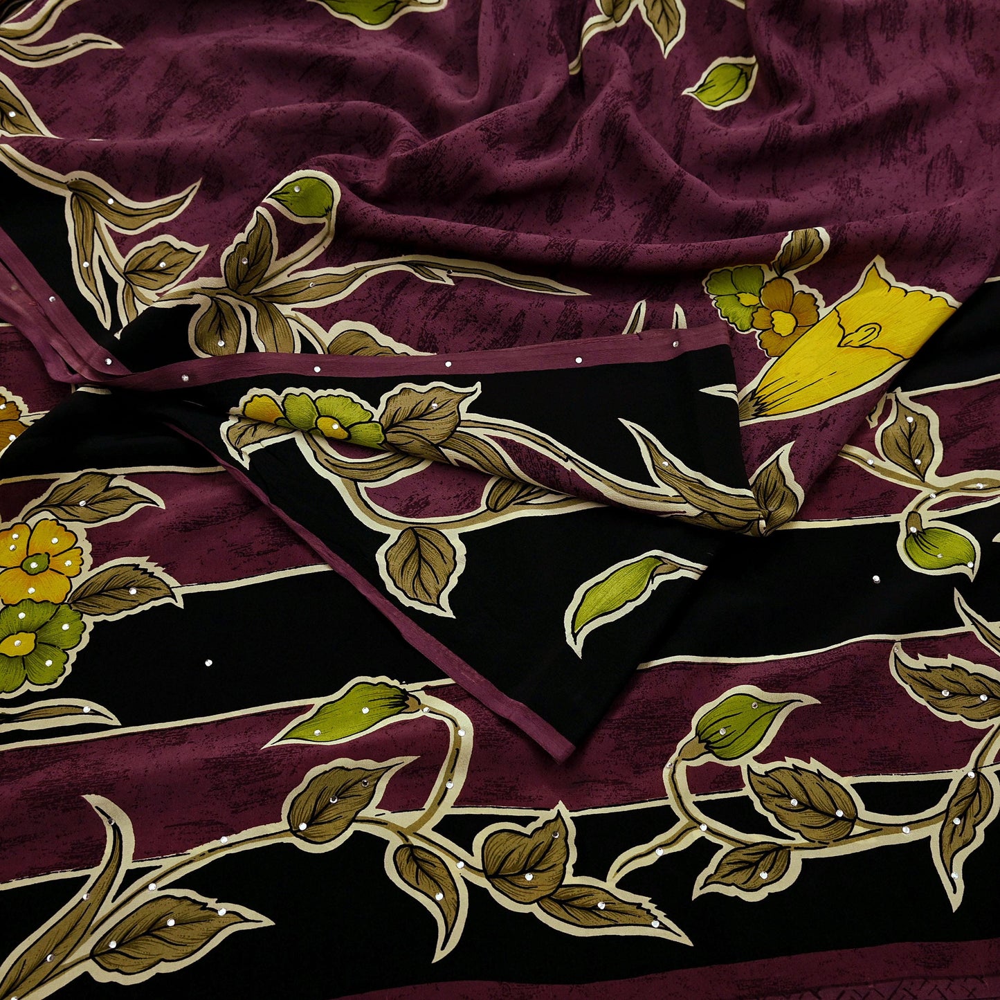 Indian Vintage Brown Saree Pure Crepe Silk Block Printed Sari 5yd Sewing Floral Soft Craft Fabric Wrap Dress Making Crafting Quilting