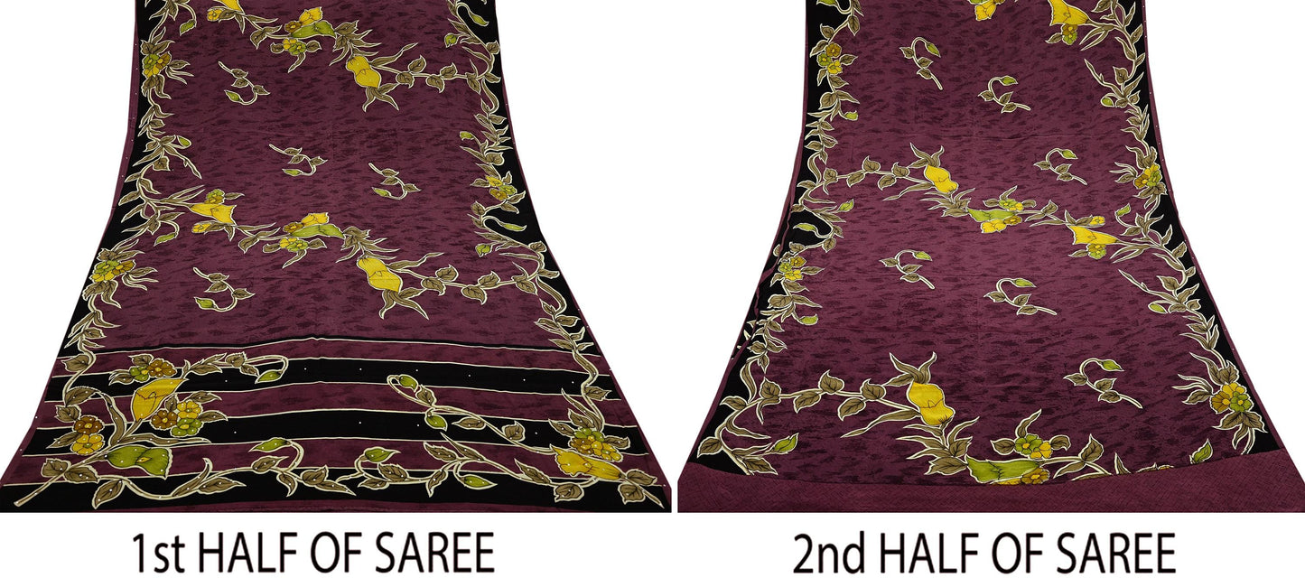 Indian Vintage Brown Saree Pure Crepe Silk Block Printed Sari 5yd Sewing Floral Soft Craft Fabric Wrap Dress Making Crafting Quilting