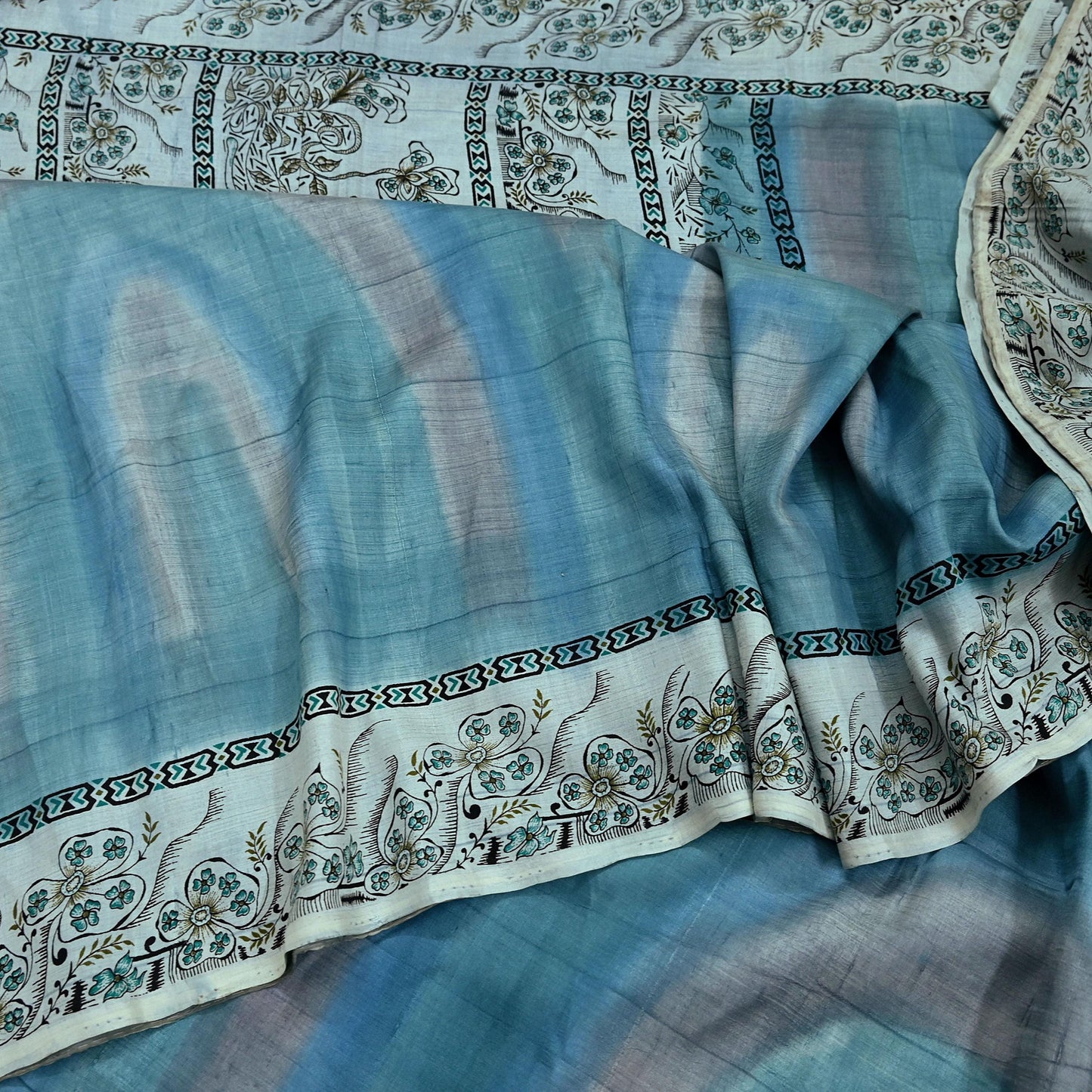 Indian Vintage Sari Gray & Blue Pure Silk Printed Saree 5yd Craft Fabric Sewing Floral Soft Dress Making Wrap used Quilting Crafting Upcycle