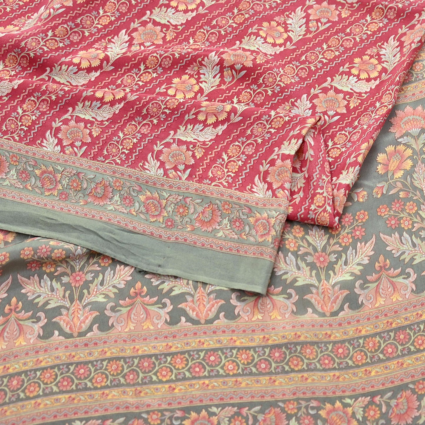 Indian Vintage Sari Green & Pink Pure Crepe Silk Printed Saree 6yd Sewing Floral Soft Craft Fabric Wrap Dress making Crafting Quilting