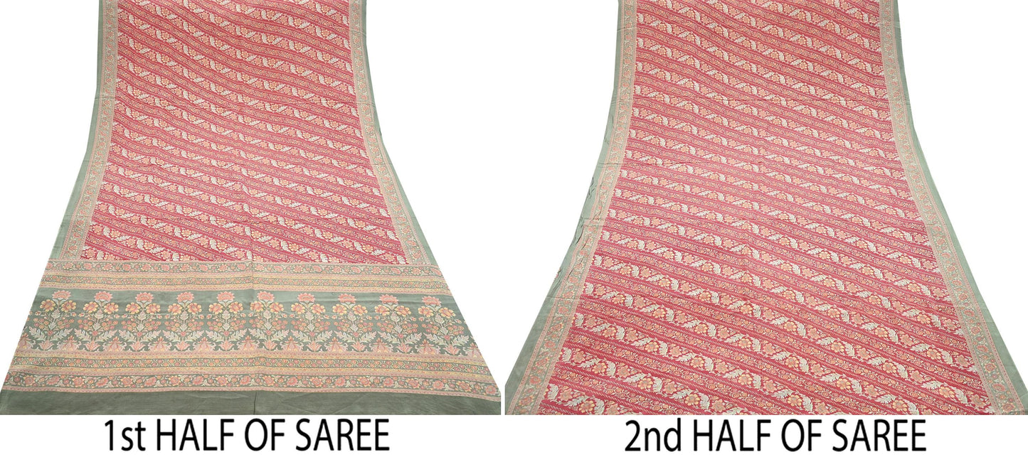 Indian Vintage Sari Green & Pink Pure Crepe Silk Printed Saree 6yd Sewing Floral Soft Craft Fabric Wrap Dress making Crafting Quilting
