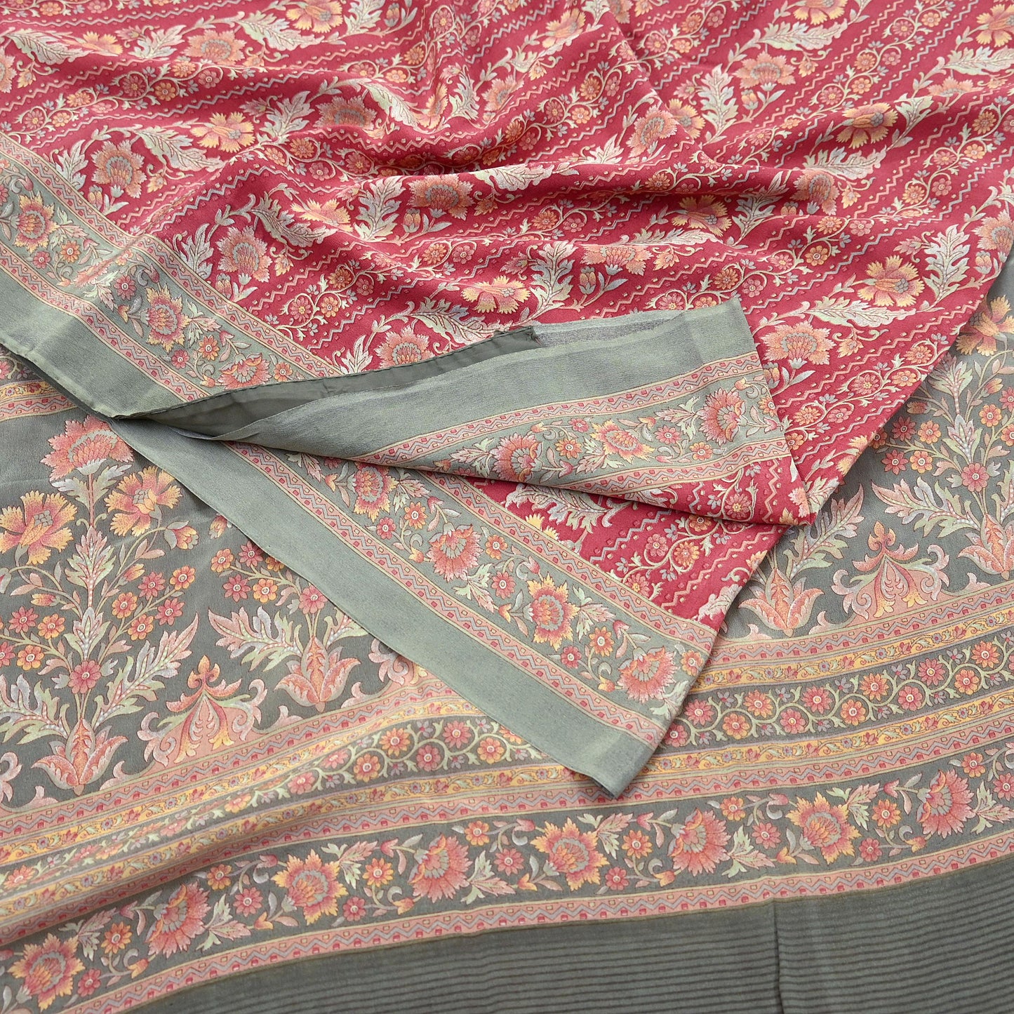 Indian Vintage Sari Green & Pink Pure Crepe Silk Printed Saree 6yd Sewing Floral Soft Craft Fabric Wrap Dress making Crafting Quilting