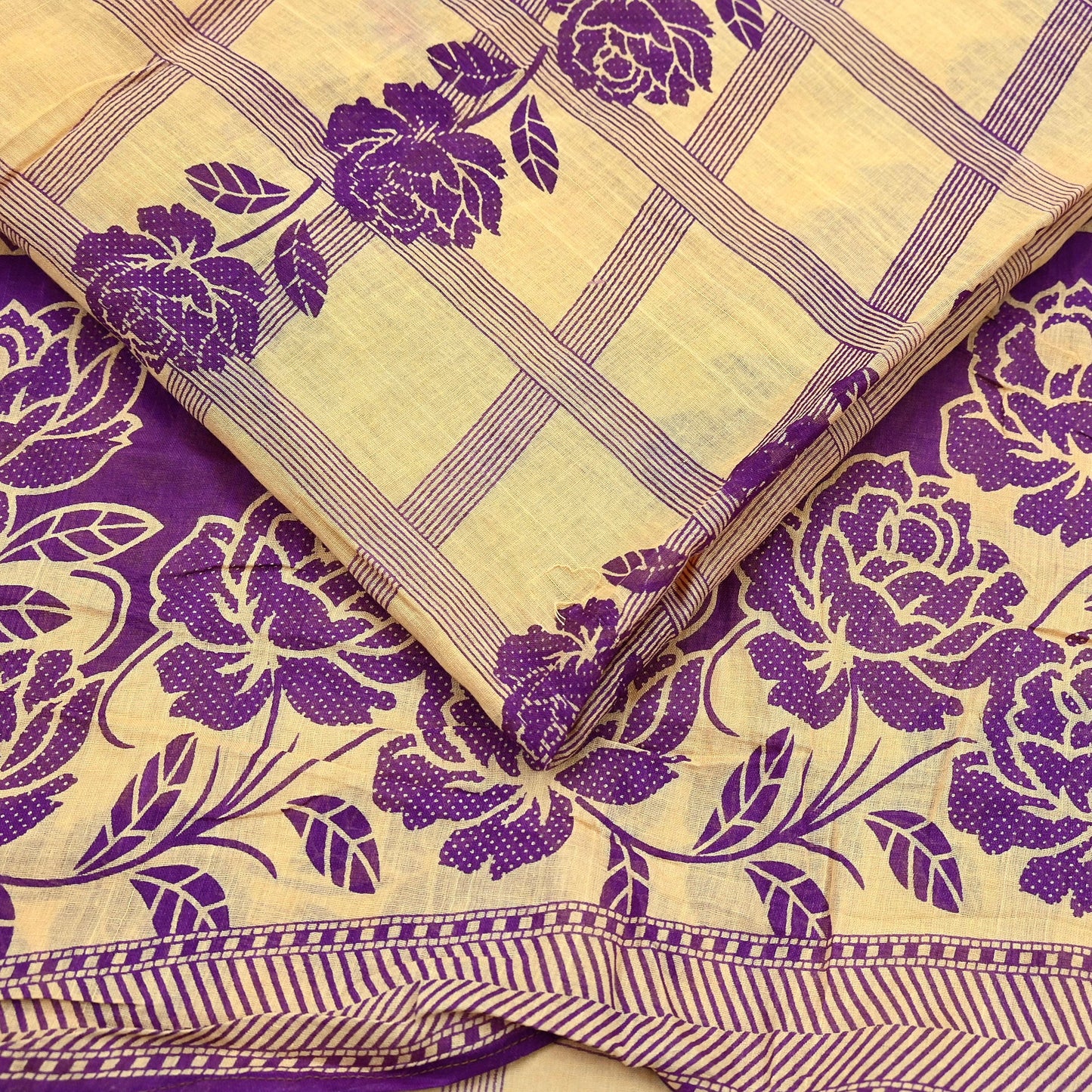 Indian Vintage Sari Beige & Purple Pure Cotton Printed Sarees Craft Fabric Soft 5Yd Sarong Wrap Boho Fabric Kimono Quilting Crafting Upcycle