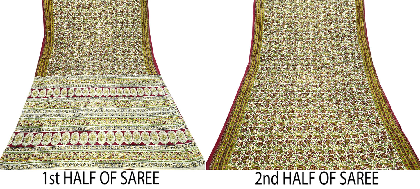 Indian Vintage Sari Ivory & Maroon Block Printed Pure Cotton Saree Fabric Soft Floral 5Yd Sarong Wrap Boho Fabric Kimono Soft