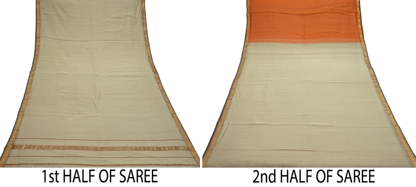 Indian Vintage Sari Orange & Beige Pure chanderi Silk Woven Sarees Craft Fabric 8Yd Soft Golden Zari Bollywood Sarees Crafting Upcycle