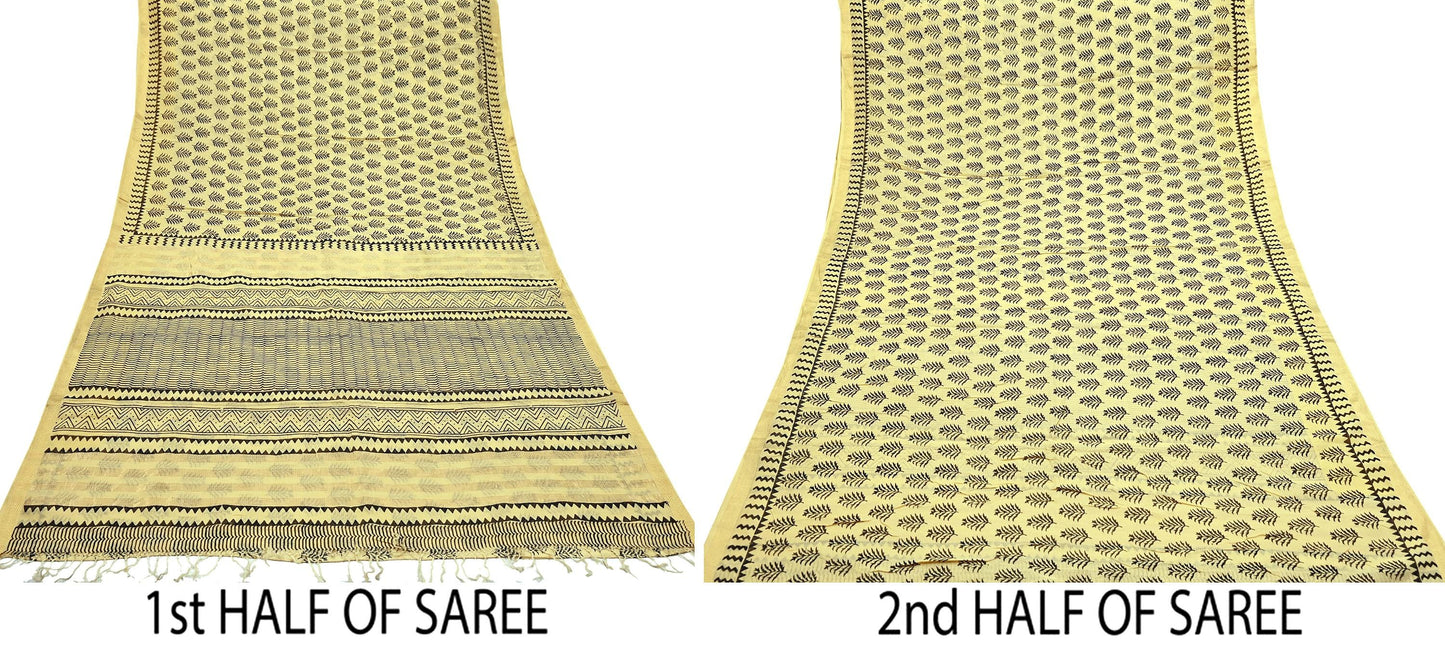 Indian Vintage Sari Beige Pure chanderi Silk Block Printed Sarees 5Yd Craft Zigzag Zari Border Ethnic Dress Making Crafting Quilting