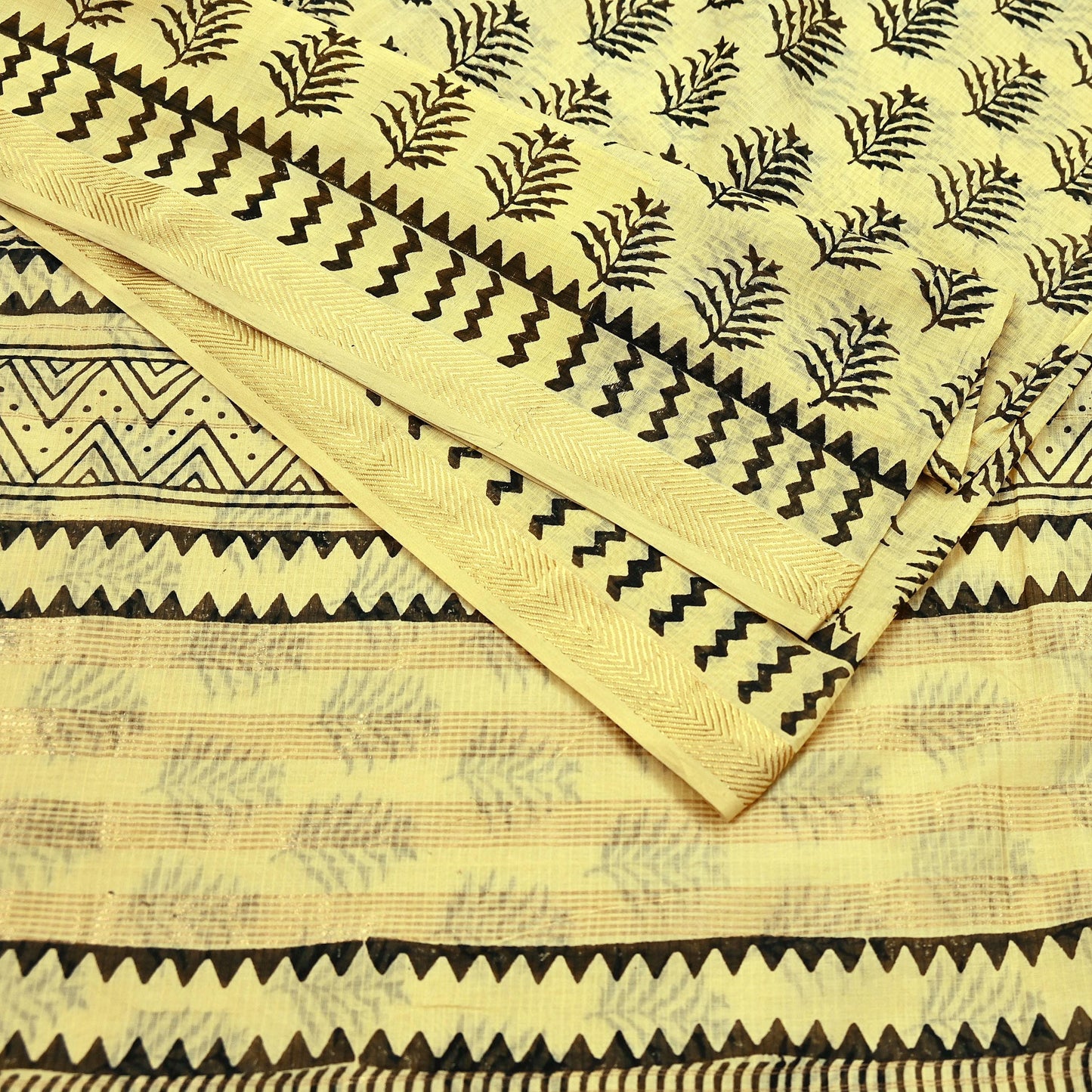 Indian Vintage Sari Beige Pure chanderi Silk Block Printed Sarees 5Yd Craft Zigzag Zari Border Ethnic Dress Making Crafting Quilting