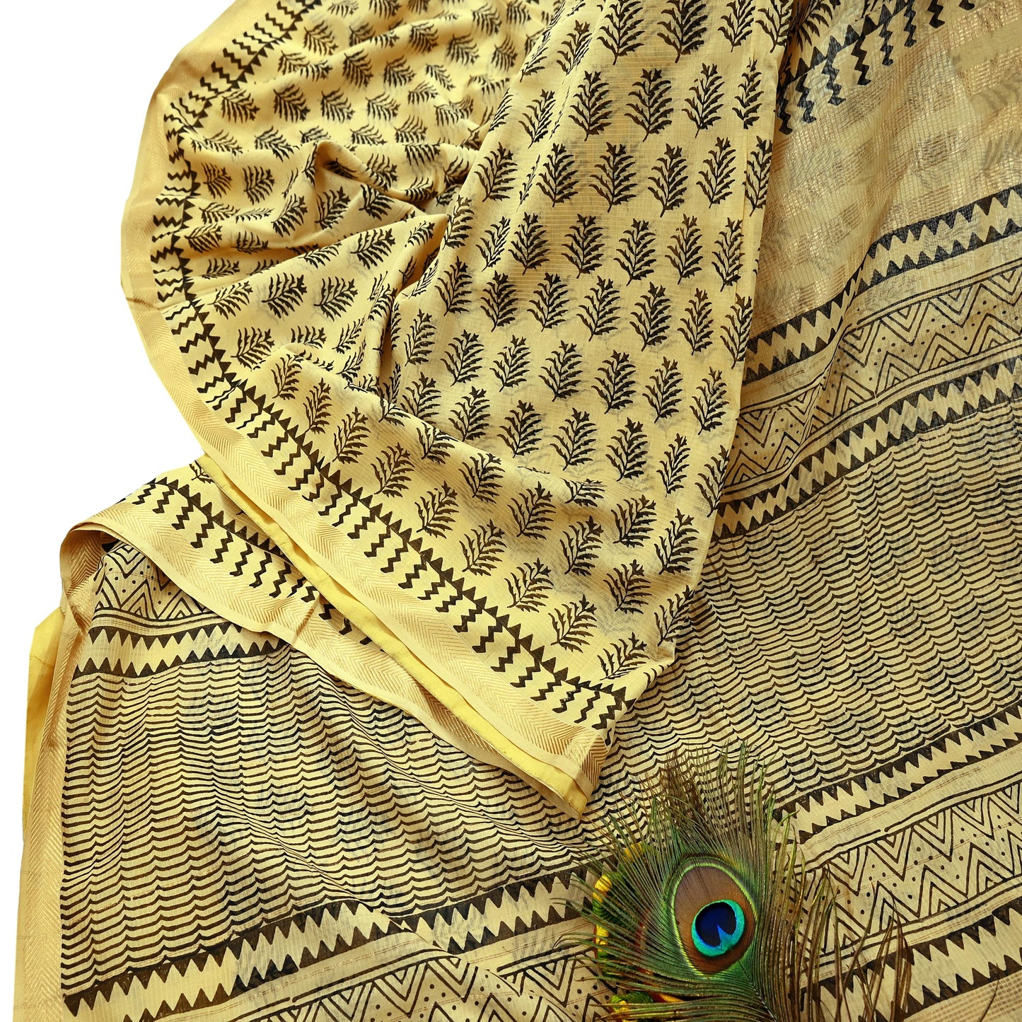 Indian Vintage Sari Beige Pure chanderi Silk Block Printed Sarees 5Yd Craft Zigzag Zari Border Ethnic Dress Making Crafting Quilting