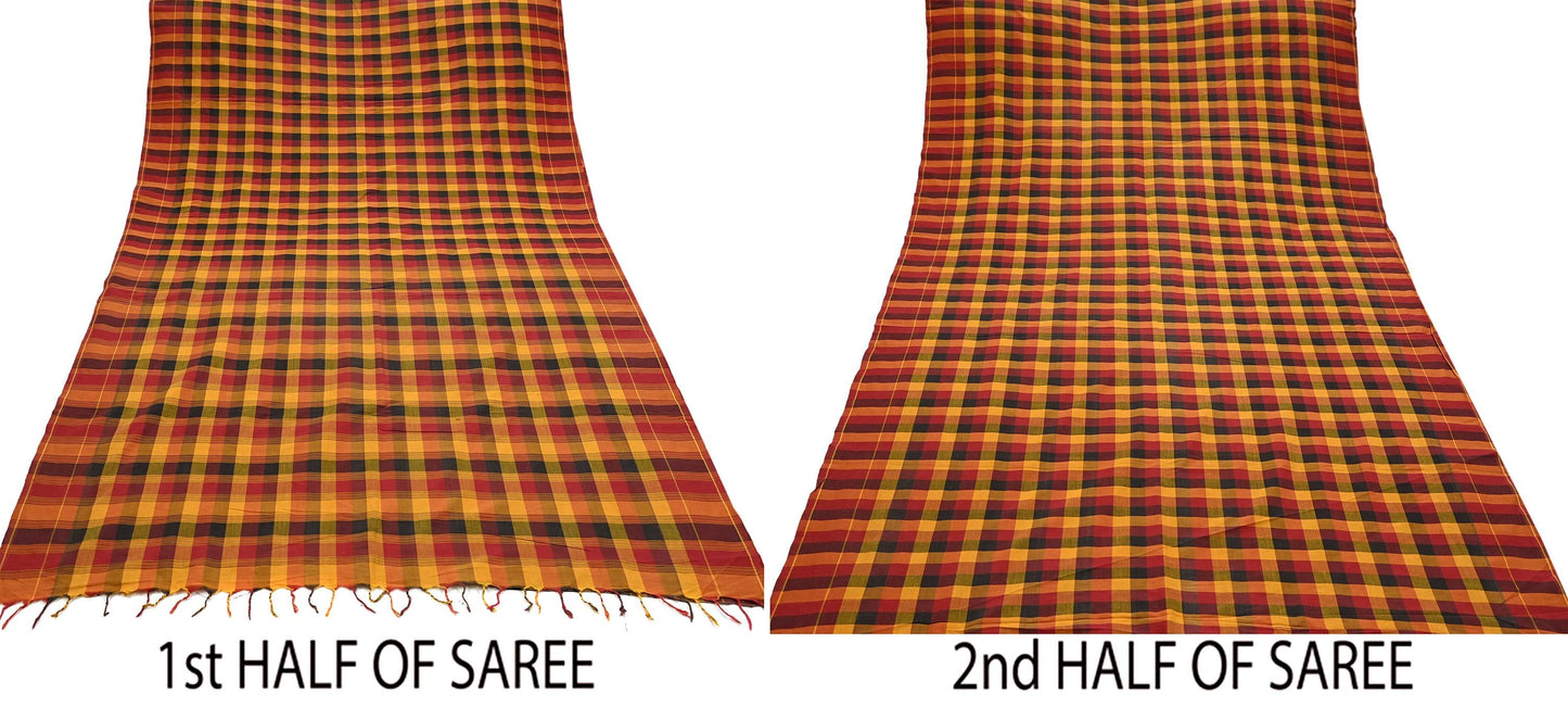 Indian Vintage Sari Woven 100% Pure Cotton Sarees Craft Fabric 5Yd Check Design Upcycle Quilting Crafting Dress making Upcycle Boho Wrap