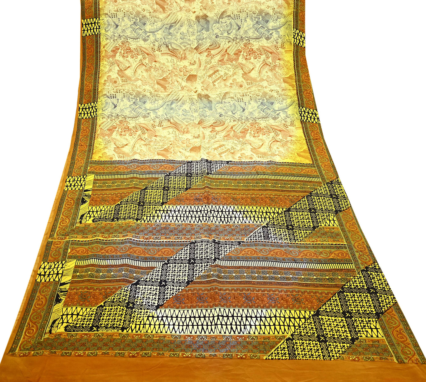 Indian Vintage Sari Ivory & Mustard Pure Crepe Silk Printed Sarees 6yd Sewing Soft Craft Fabric Wrap Dress Making Crafting Quilting Upcycle