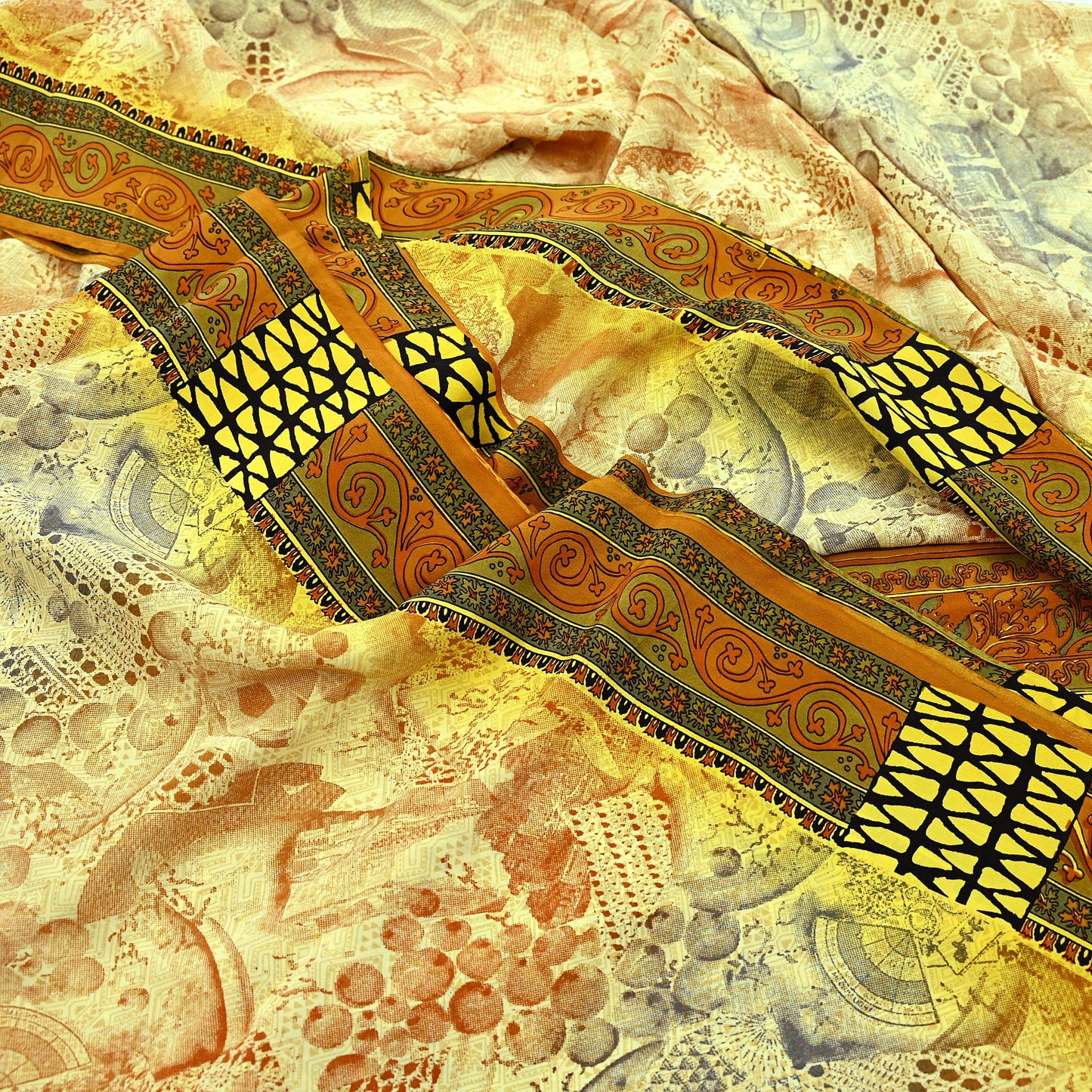 Indian Vintage Sari Ivory & Mustard Pure Crepe Silk Printed Sarees 6yd Sewing Soft Craft Fabric Wrap Dress Making Crafting Quilting Upcycle